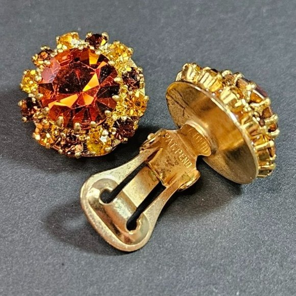 Vintage Mid-Century Amber Colot Rhinestone Clip-on Earrings. - Picture 3 of 7